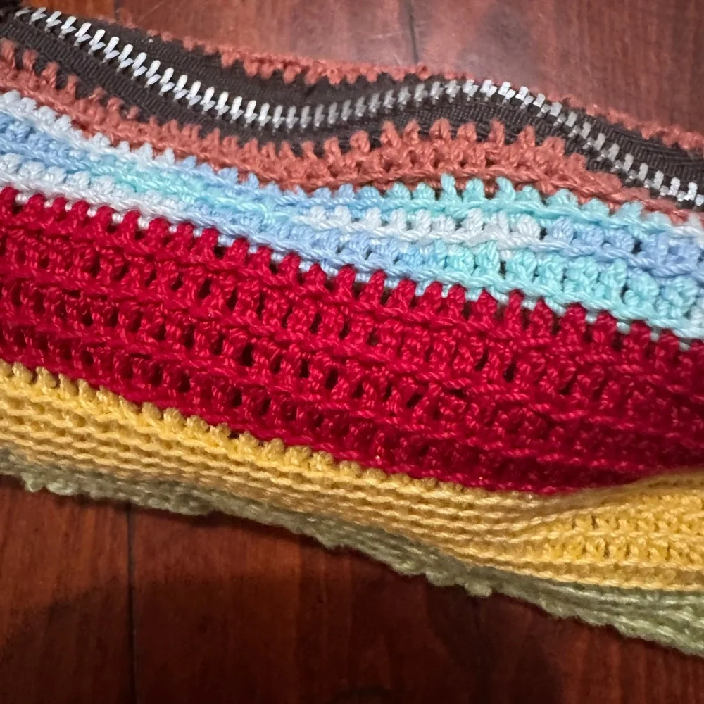 Crocheted Striped Pouch with Seahorse Accent Hand made